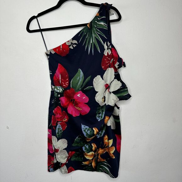 Zara Navy Red White Floral 3 Side Tie One Shoulder Mini Dress Side Zip Medium - Picture 3 of 11